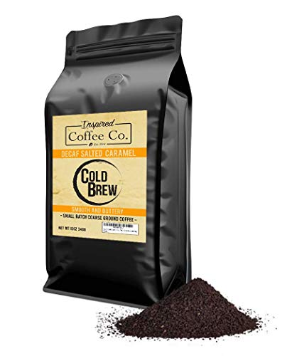 Decaf Salted Caramel - Flavored Cold Brew Coffee - Inspired Coffee Co. - Swiss Water Process - Coarse Ground Coffee - 12 oz. Resealable Bag, Orange and black