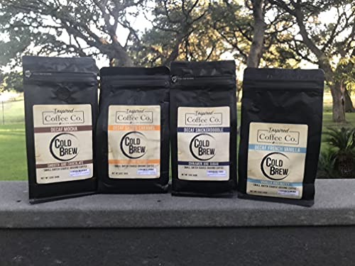 Decaf Salted Caramel - Flavored Cold Brew Coffee - Inspired Coffee Co. - Swiss Water Process - Coarse Ground Coffee - 12 oz. Resealable Bag, Orange and black