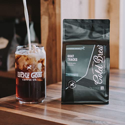 Lucky Goat Cold Brew Coffee | Goat Tracks | Chocolate & Caramel Flavored | Medium Body Roast | Sweet | Specialty Grade 100% Arabica | Course Ground Coffee Grinds | Sugar Free, Gluten Free, Keto 12oz