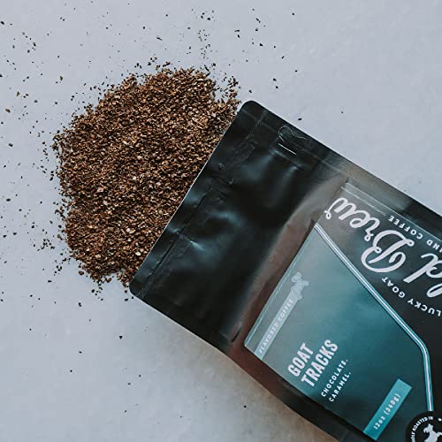 Lucky Goat Cold Brew Coffee | Goat Tracks | Chocolate & Caramel Flavored | Medium Body Roast | Sweet | Specialty Grade 100% Arabica | Course Ground Coffee Grinds | Sugar Free, Gluten Free, Keto 12oz