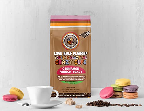 Crazy Cups Flavored Decaf Ground coffee, French Toast Cinnamon Coffee, Flavored Ground Coffee, Decaffeinated Coffee For Brewing Decaf Coffee Ground Hot or Iced Coffee, 10 oz Bags 3 Count Value Pack