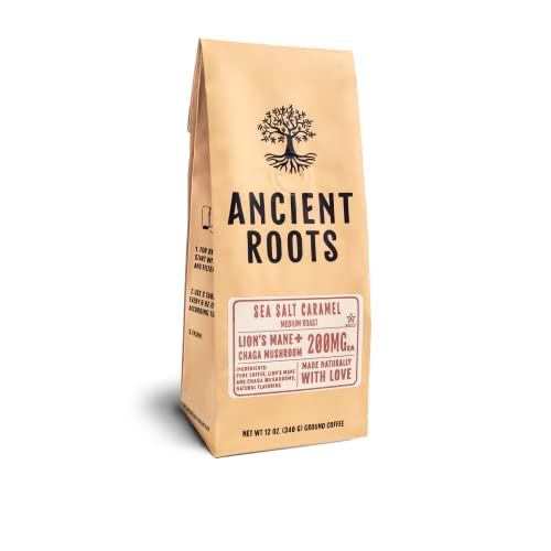 Ancient Roots Sea Salted Caramel Flavored Mushroom Coffee - Salted Caramel Coffee - Medium Roast Flavored Coffee - Gourmet Coffee with Benefits of Mushroom - By Corim Premium Blends (12 Ounces)
