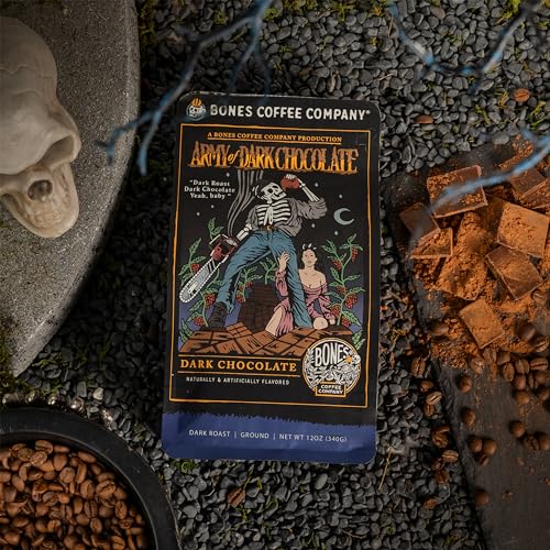 Bones Coffee Company Army Of Dark Chocolate Flavored Ground Coffee Beans | 12 oz Dark Roast Arabica Low Acid Coffee | Gourmet Coffee Gifts & Beverages (Ground)