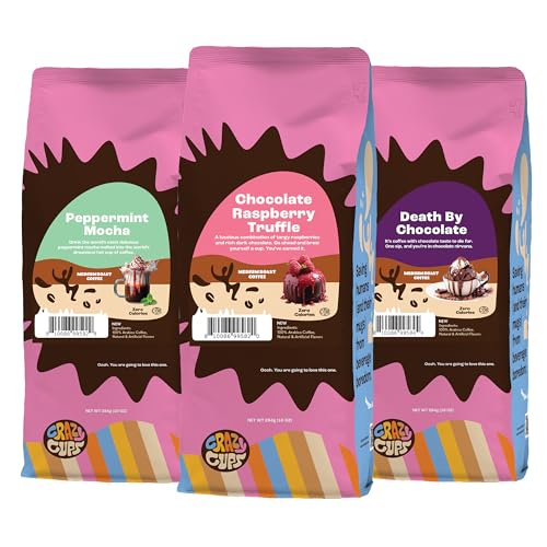 Crazy Cups Chocolate Lovers Ground Coffee Variety Pack 3 Pack, Chocolate Flavored Ground Coffees, Includes Death By Chocolate, Peppermint Chocolate Mocha, Chocolate Raspberry, 10 oz bags