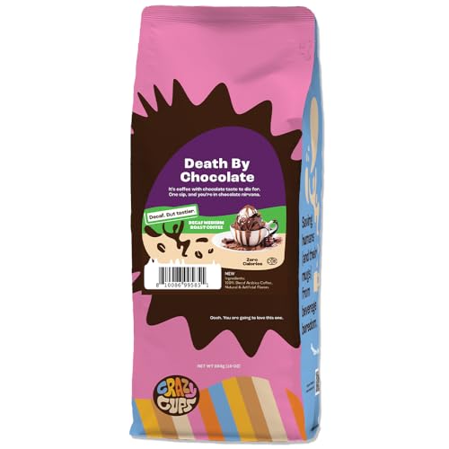 Crazy Cups Flavored Ground Decaf Chocolate Coffee, Decaffeinated Death By Chocolate Coffee in 10 oz Bag, For Brewing Flavored Hot or Iced Coffee