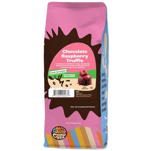 Crazy Cups Flavored Ground Decaf Chocolate Coffee, Decaffeinated Chocolate Raspberry Coffee in 10 oz Bag, For Brewing Flavored Hot or Iced Coffee