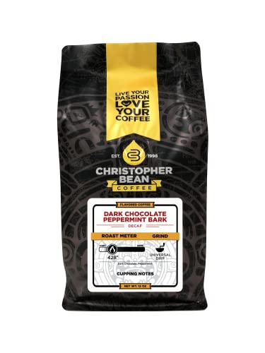 Christopher Bean Coffee - Dark Chocolate Peppermint Bark Flavored Coffee, (Decaf Ground) 100% Arabica, No Sugar, No Fats, Made with Non-GMO Flavorings, 12-Ounce Bag of Decaf Ground Coffee