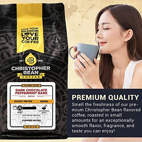 Christopher Bean Coffee - Dark Chocolate Peppermint Bark Flavored Coffee, (Decaf Ground) 100% Arabica, No Sugar, No Fats, Made with Non-GMO Flavorings, 12-Ounce Bag of Decaf Ground Coffee