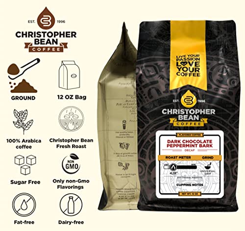 Christopher Bean Coffee - Dark Chocolate Peppermint Bark Flavored Coffee, (Decaf Ground) 100% Arabica, No Sugar, No Fats, Made with Non-GMO Flavorings, 12-Ounce Bag of Decaf Ground Coffee