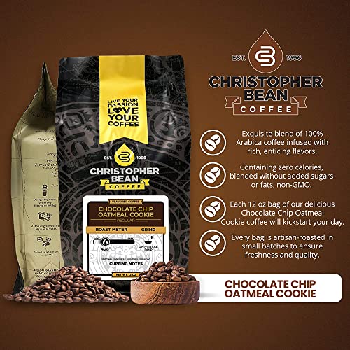 Christopher Bean Coffee - Chocolate Chip Oatmeal Flavored Coffee, (Regular Ground) 100% Arabica, No Sugar, No Fats, Made with Non-GMO Flavorings, 12-Ounce Bag of Regular Ground Coffee