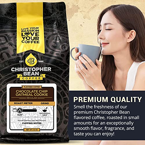 Christopher Bean Coffee - Chocolate Chip Oatmeal Flavored Coffee, (Regular Ground) 100% Arabica, No Sugar, No Fats, Made with Non-GMO Flavorings, 12-Ounce Bag of Regular Ground Coffee