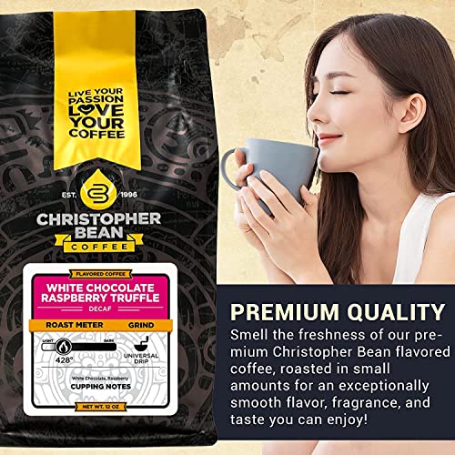 Christopher Bean Coffee - White Chocolate Raspberry Flavored Coffee, (Decaf Ground) 100% Arabica, No Sugar, No Fats, Made with Non-GMO Flavorings, 12-Ounce Bag of Decaf Ground coffee