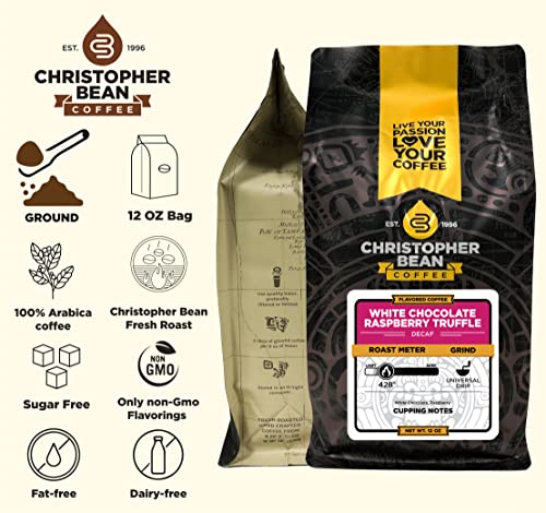 Christopher Bean Coffee - White Chocolate Raspberry Flavored Coffee, (Decaf Ground) 100% Arabica, No Sugar, No Fats, Made with Non-GMO Flavorings, 12-Ounce Bag of Decaf Ground coffee