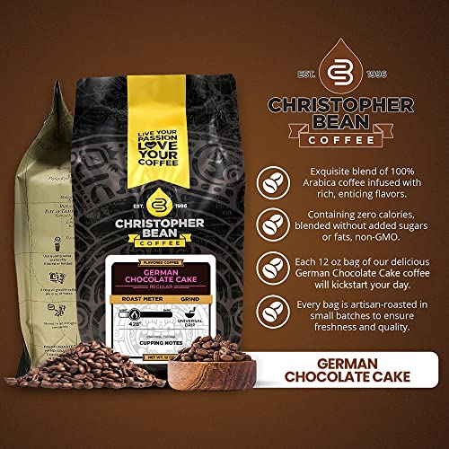 Christopher Bean Coffee - German Chocolate Cake Flavored Coffee, (Regular Ground) 100% Arabica, No Sugar, No Fats, Made with Non-GMO Flavorings, 12-Ounce Bag of Regular Ground coffee