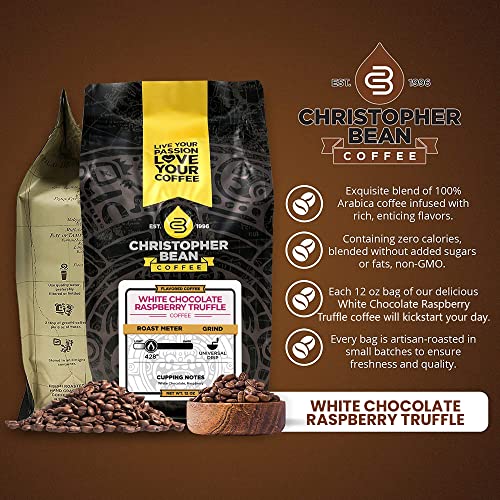 Christopher Bean Coffee - White Chocolate Raspberry Truffle Flavored Coffee, (Regular Ground) 100% Arabica, No Sugar, No Fats, Made with Non-GMO Flavorings, 12-Ounce Bag of Regular Ground Coffee