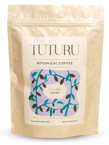 TUTURU Dark Chocolate Ground Coffee | Real Cacao | Medium Roast, Organic Coffee | Smooth Low-Acid | Perfect for Drip, Pour Over or Cold Brew | 8oz, 22 Servings
