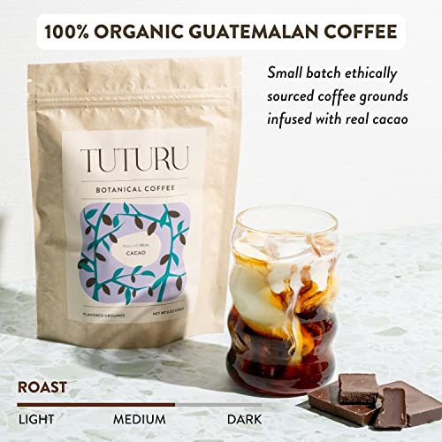 TUTURU Dark Chocolate Ground Coffee | Real Cacao | Medium Roast, Organic Coffee | Smooth Low-Acid | Perfect for Drip, Pour Over or Cold Brew | 8oz, 22 Servings