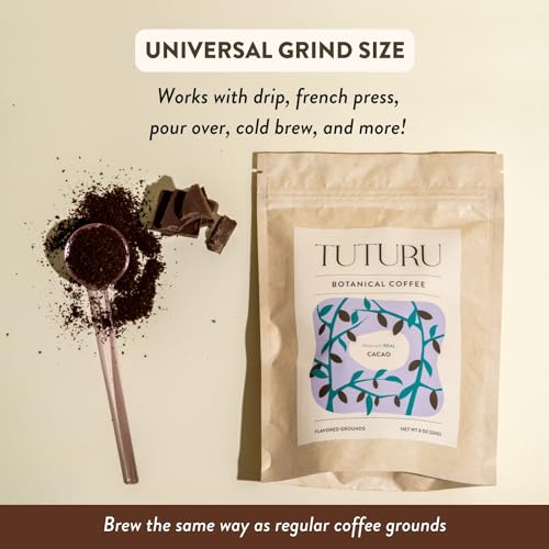 TUTURU Dark Chocolate Ground Coffee | Real Cacao | Medium Roast, Organic Coffee | Smooth Low-Acid | Perfect for Drip, Pour Over or Cold Brew | 8oz, 22 Servings