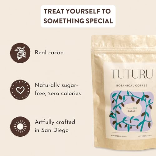 TUTURU Dark Chocolate Ground Coffee | Real Cacao | Medium Roast, Organic Coffee | Smooth Low-Acid | Perfect for Drip, Pour Over or Cold Brew | 8oz, 22 Servings