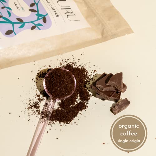 TUTURU Dark Chocolate Ground Coffee | Real Cacao | Medium Roast, Organic Coffee | Smooth Low-Acid | Perfect for Drip, Pour Over or Cold Brew | 8oz, 22 Servings