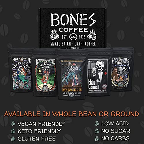 Bones Coffee Company NEW Flavors! Favorite Flavors Sample Pack | 4 oz Pack of 5 Assorted Ground Coffee Beans | Low Acid Medium Roast Gourmet Coffee Beverages (Ground)