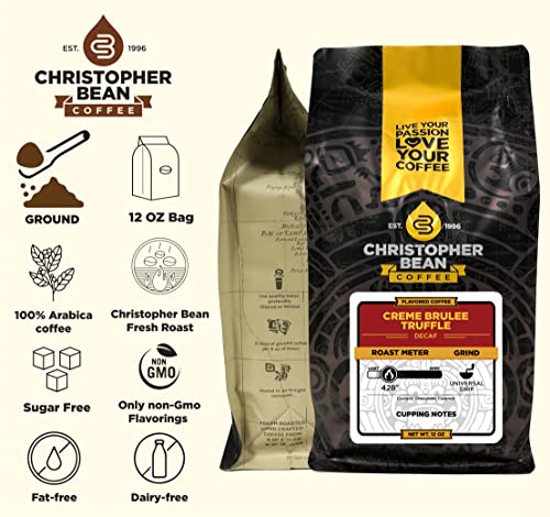 Christopher Bean Coffee- Creme Brulee Truffle Flavored Coffee, Decaf Coffee, 100% Arabica, Coffee Ground Medium Roast, No Sugar, No Fats, Made with Non-GMO Flavorings, 12-Ounce Bag Ground Coffee Bean