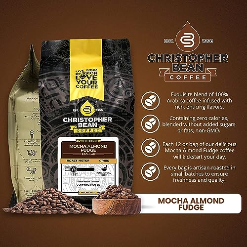 Christopher Bean Coffee - Mocha Almond Fudge Flavored Coffee, (Regular Ground) 100% Arabica, No Sugar, No Fats, Made with Non-GMO Flavorings, 12-Ounce Bag of Regular Ground Coffee