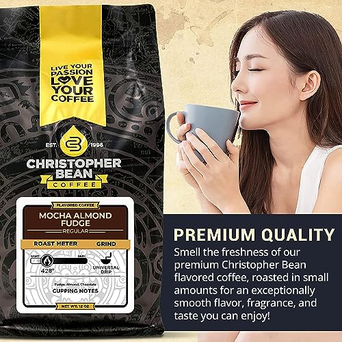 Christopher Bean Coffee - Mocha Almond Fudge Flavored Coffee, (Regular Ground) 100% Arabica, No Sugar, No Fats, Made with Non-GMO Flavorings, 12-Ounce Bag of Regular Ground Coffee