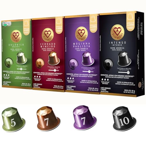 3 Coracoes - 4x10 Variety Pack Coffee Pods Nespresso Compatible - Authentic Brazilian Coffee Pods - Aluminum Espresso Capsules (Espresso Organic/Cerrado Mineiro/Mogiana Paulista/Espresso Intense) - Nespresso Pods for Nespresso Original Line Machine