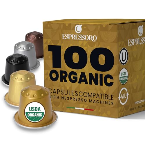 ESPRESSORO 100 USDA Organic Espresso Pods - VARIETY PACK Aluminum Capsule Compatible with Nespresso Original Lines Machines. Assorted Premium Italian Expresso Coffee Capsules