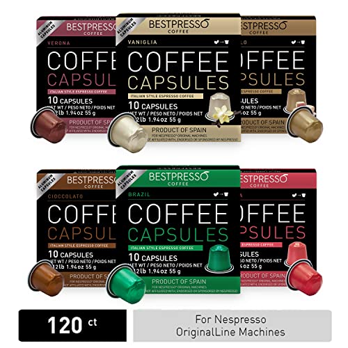 Bestpresso Coffee for Nespresso Original Machine 120 Aluminum pods Certified Genuine Espresso Variety Pack mix Flavored and Dark roast, Pods Compatible with Nespresso Original