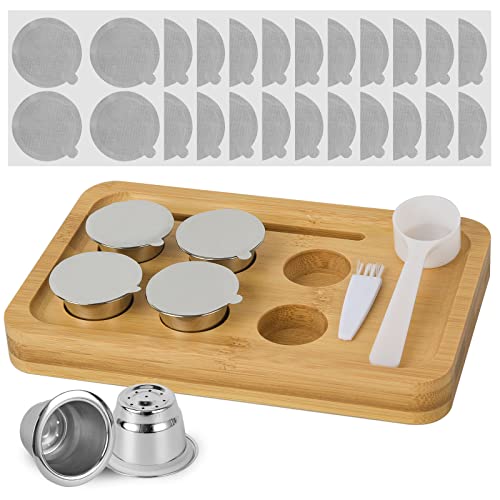 Reusable Capsules for Nespresso OriginalLine - 6pcs Espresso Refillable Pods Stainless Steel Coffee Pods Compatible for Nespresso Originaline Machine(6 Pods+100pcs Lids+ Bamboo Storage Tray)