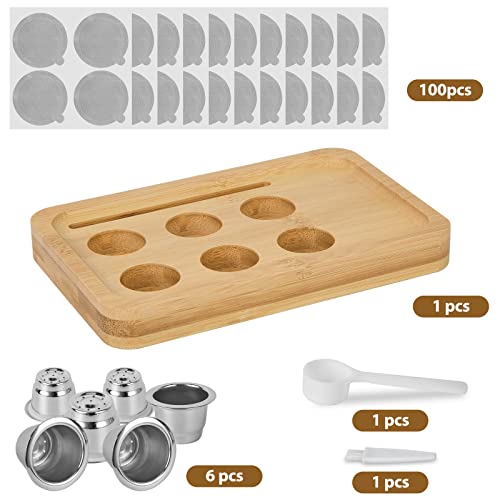 Reusable Capsules for Nespresso OriginalLine - 6pcs Espresso Refillable Pods Stainless Steel Coffee Pods Compatible for Nespresso Originaline Machine(6 Pods+100pcs Lids+ Bamboo Storage Tray)
