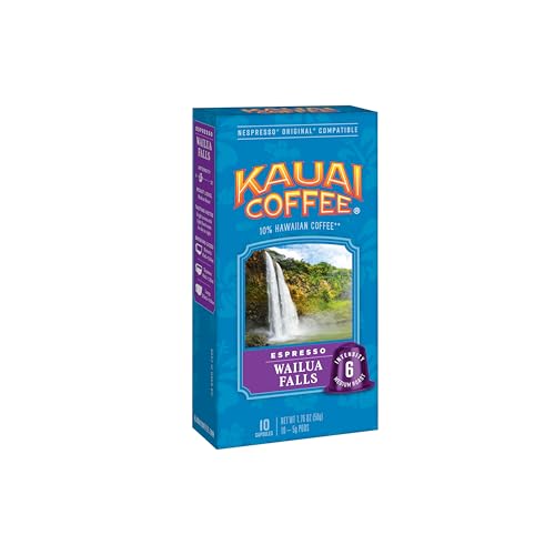 Kauai Coffee Wailua Falls Medium Roast Espresso - Nespresso Original Compatible Capsules, Intensity 6, (1 Pack of 10 Single-Serve Espresso Pods)