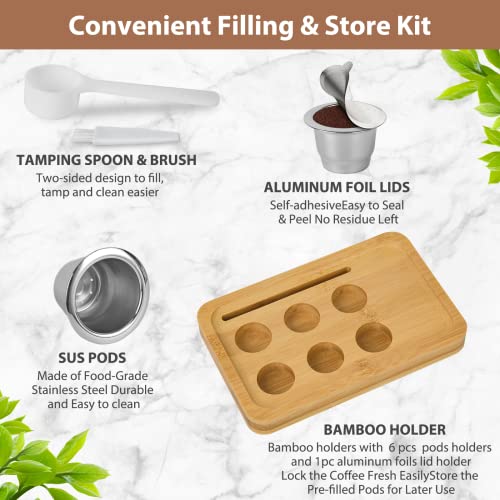 Reusable Capsules for Nespresso OriginalLine - 6pcs Espresso Refillable Pods Stainless Steel Coffee Pods Compatible for Nespresso Originaline Machine(6 Pods+100pcs Lids+ Bamboo Storage Tray)