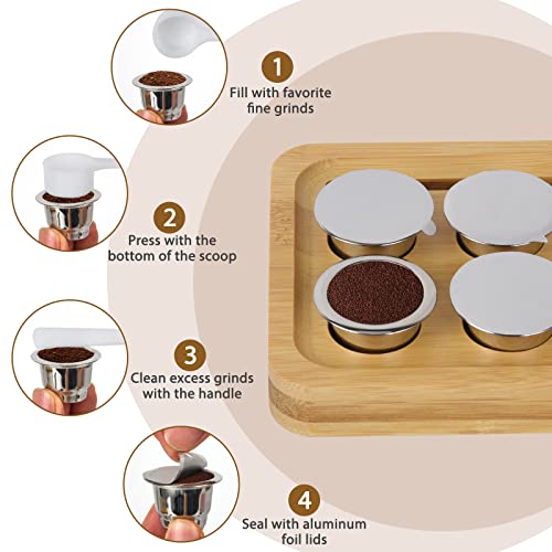 Reusable Capsules for Nespresso OriginalLine - 6pcs Espresso Refillable Pods Stainless Steel Coffee Pods Compatible for Nespresso Originaline Machine(6 Pods+100pcs Lids+ Bamboo Storage Tray)