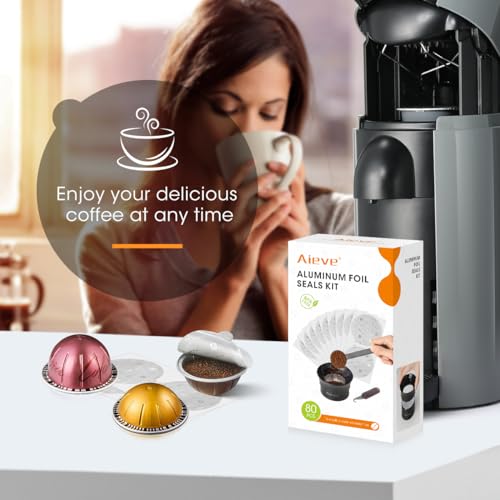 Aieve Reusable Vertuo Capsule Kit Compatible with Nespresso Pods Vertuo Include 80 pcs Aluminum Foil Seals Lid, Pod Holder, Coffee Spoon and Lid Opener
