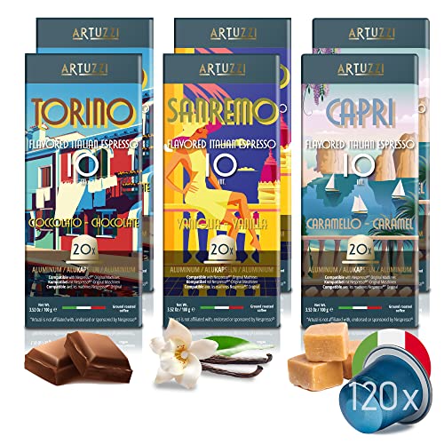 Artuzzi 120ct Italian Espresso | Classic Flavored Pods Caramel Chocolate Vanilla Espresso For Original Nespresso Compatible Pod Machines | 100% Aluminum Capsules & Recyclable