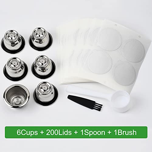 Reusable Capsules for Nespresso OriginalLine, 6pcs Refillable Espresso Pods Stainless Steel Coffee Pods Compatible for Nespresso Original Line Machines (6 Cups + 200 Lids)