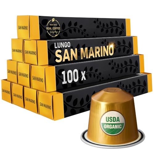‘San Marino’ Organic Italian Lungo for Nespresso | 100 USDA Organic Aluminum Capsules | Eco-Friendly Medium Roast | 100% Nespresso Compatible Pods | Fairtrade