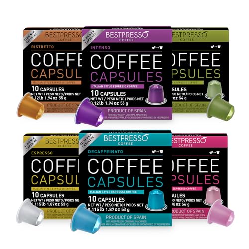 Bestpresso Coffee for Nespresso Original Machine 120 pods Certified Genuine Espresso Variety Pack includes one pack of decaf coffee, Pods Compatible with Nespresso Original