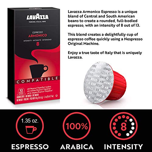 Lavazza Armonico Dark Roast Coffee Capsules Compatible with Nespresso Original Machines ,Value Pack, Blended and roasted in Italy, with full bodied Flavor and Notes, 10 Count (Pack of 6)