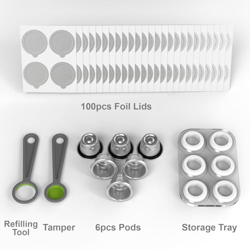 Triplot Reusable Capsules for Nespresso OriginalLine - 6pcs Refillable Coffee Pods,Stainless Steel Cups Compatible for Nespresso OriginalLine Machine (6Pods+100pcs Lids+Tray+Refilling Tool&Tamper)