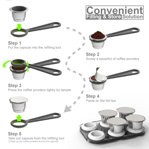Triplot Reusable Capsules for Nespresso OriginalLine - 6pcs Refillable Coffee Pods,Stainless Steel Cups Compatible for Nespresso OriginalLine Machine (6Pods+100pcs Lids+Tray+Refilling Tool&Tamper)