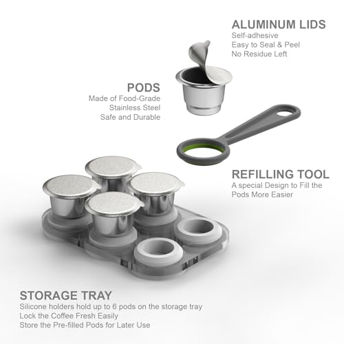 Triplot Reusable Capsules for Nespresso OriginalLine - 6pcs Refillable Coffee Pods,Stainless Steel Cups Compatible for Nespresso OriginalLine Machine (6Pods+100pcs Lids+Tray+Refilling Tool&Tamper)