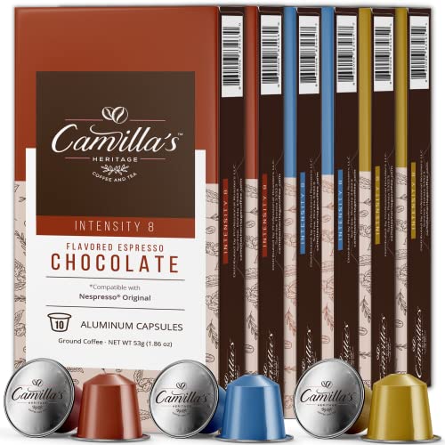 Camilla's Heritage Coffee, Espresso Capsules, 60 Flavored Coffee Pods, Variety Pack, Medium Roast, Intensity 8, Single Cup Aluminum Coffee Cups, Nespresso Compatible Machine, Brews 1.35oz
