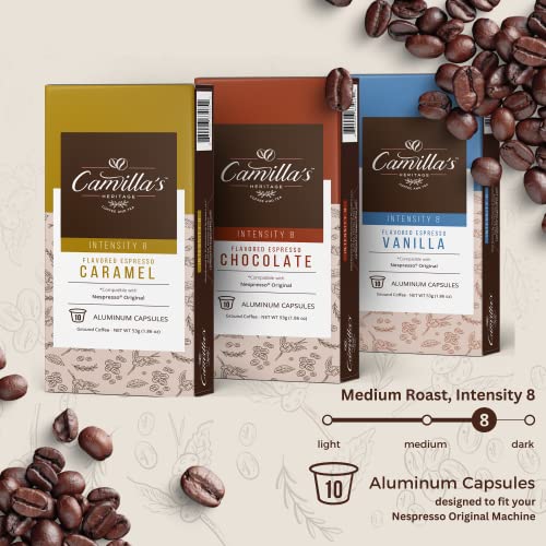 Camilla's Heritage Coffee, Espresso Capsules, 60 Flavored Coffee Pods, Variety Pack, Medium Roast, Intensity 8, Single Cup Aluminum Coffee Cups, Nespresso Compatible Machine, Brews 1.35oz