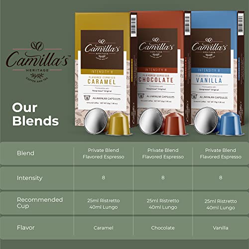 Camilla's Heritage Coffee, Espresso Capsules, 60 Flavored Coffee Pods, Variety Pack, Medium Roast, Intensity 8, Single Cup Aluminum Coffee Cups, Nespresso Compatible Machine, Brews 1.35oz