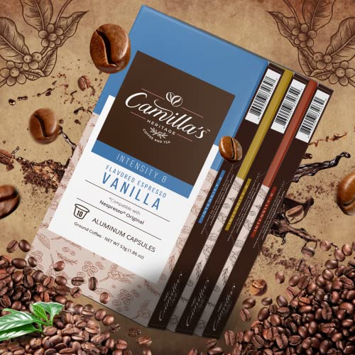 Camilla's Heritage Coffee, Espresso Capsules, 60 Flavored Coffee Pods, Variety Pack, Medium Roast, Intensity 8, Single Cup Aluminum Coffee Cups, Nespresso Compatible Machine, Brews 1.35oz