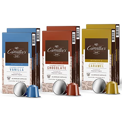 Camilla's Heritage Coffee, Espresso Capsules, 60 Flavored Coffee Pods, Variety Pack, Medium Roast, Intensity 8, Single Cup Aluminum Coffee Cups, Nespresso Compatible Machine, Brews 1.35oz